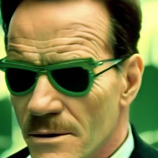 Image similar to film still of Bryan Cranston as Neo in The Matrix (1999), light green tint, film grain, dof