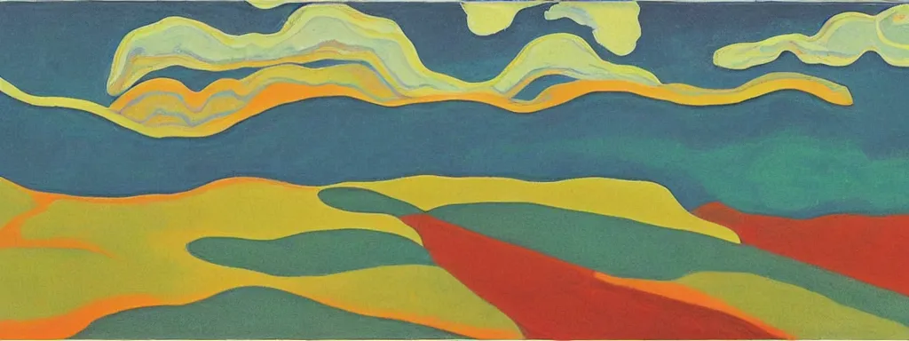 Image similar to Psychedelic sci-fi dreamworld. Landscape painting. Organic. Winding rushing water. Waves. Clouds. Landscape by Milton Avery.