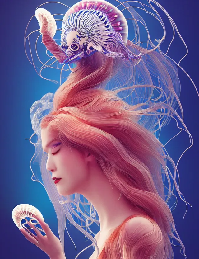 Image similar to 3 d goddess jellyfish half - turn portrait with long hair with ram skull. beautiful intricately detailed japanese crow kitsune mask and clasical japanese kimono. betta fish, jellyfish phoenix, bio luminescent, plasma, ice, water, wind, creature, artwork by tooth wu and wlop and beeple and greg rutkowski