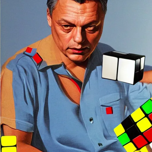 Image similar to portrait of viktor orban in training shorts confused by a rubik's cube, highly detailed illustration by boris vallejo