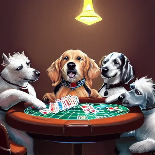 Prompt: dogs playing poker, digital art, artstation, high details