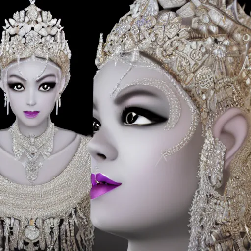 Prompt: portrait of wonderful asian princess of white diamond with fair skin, ornate with white diamonds, 8 k, gorgeous, intricate, hyper detailed, glowing white accent lighting, dramatic lighting, octane render