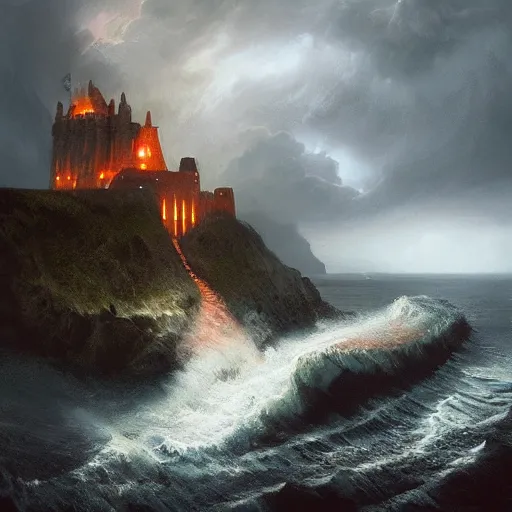 Image similar to dragon, huge wings, scary weather, stormy, ocean, exudes terror ， island ， castle ， vine, spitfire, photography, hyperrealistic, by greg rutkowski, smooth, illustration, elegant, artstation, digital painting.