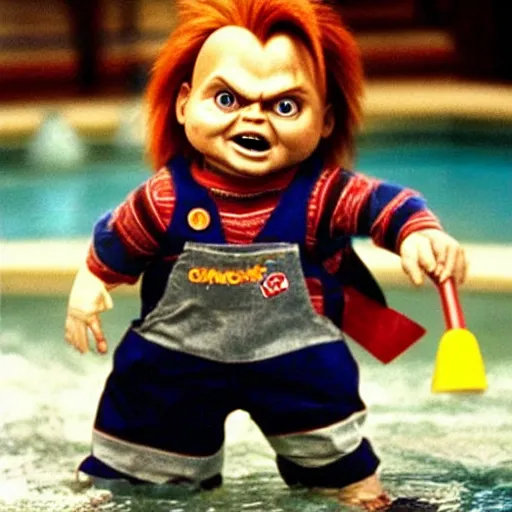 Prompt: chucky as a cool pool champ, movie still