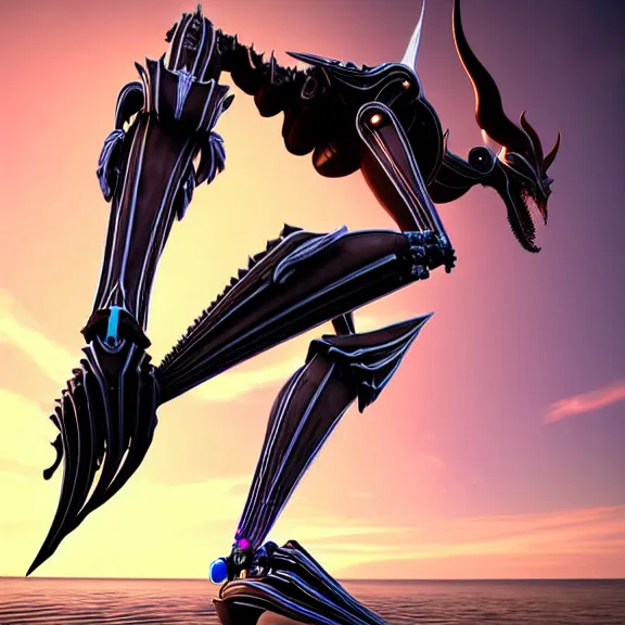 Prompt: looking up at a highly detailed 300 foot tall giant elegant exquisite beautiful stunning valkyr female warframe, as an anthropomorphic robot dragon, posing elegantly over your tiny form, detailed legs looming over you, camera on the ground, at the beach on a sunset, sleek streamlined design, matte black armor with pink accents, sharp detailed claws, detailed sharp robot dragon feet, worms eye view in front of giantess, giantess shot, camera close to the legs, upward shot, ground view shot, leg shot, front shot, epic cinematic shot, high quality warframe fanart, captura, realistic, professional digital art, high end digital art, furry art, giantess art, anthro art, DeviantArt, artstation, Furaffinity, 8k HD render, epic lighting