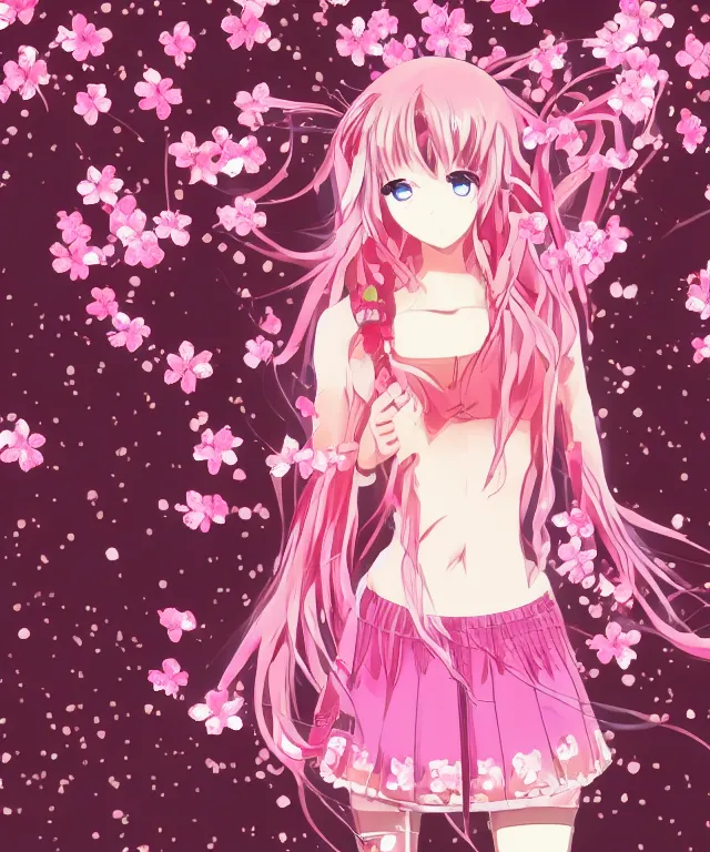 Image similar to anime girl with light pink hair with pink flames, video game, cherry blossoms, neo tokyo, symmetrical,