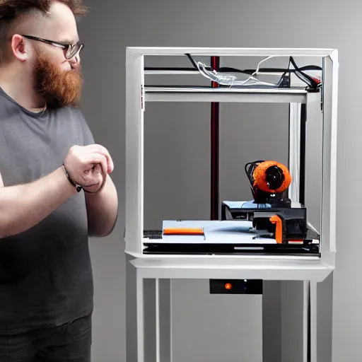 Prompt: josef prusa showing new prusa xxl 3 d printer high end photoshoot