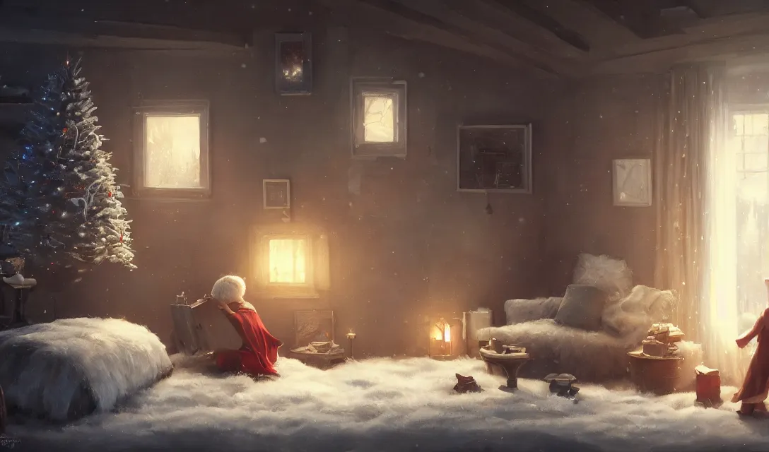 Prompt: a christmas eve photorealistic painting, cozy home, interior, sci - fi, wlop, concept art, octane render, deviantart, greg rutkowski, cinematic, key art, hyperrealism