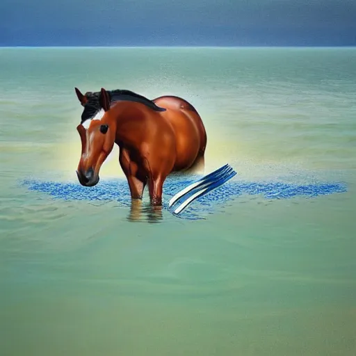 Image similar to horse swimming in the ocean with fork and knife, photorealistic, high detail