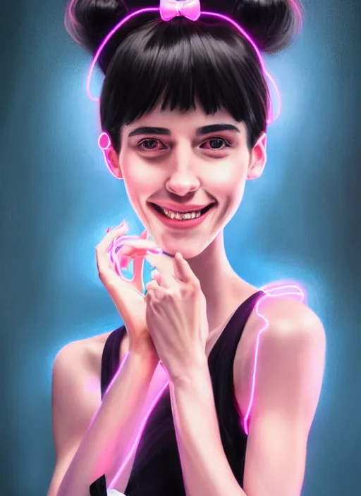 Image similar to portrait of high school girl, realistic, black hair, bangs, half updo hairstyle, pointy nose, skinny, smile, ugly, defined jawline, big chin, pink hair bow, earrings, intricate, elegant, glowing lights, highly detailed, digital painting, artstation, sharp focus, illustration, art by wlop, mars ravelo and greg rutkowski