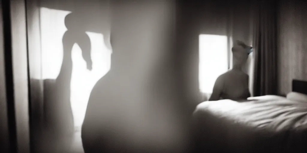 Prompt: a still shot of a scary male ghost in a hotel room, horror