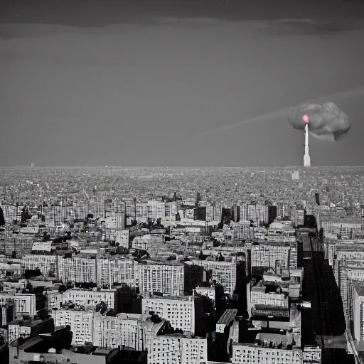 Image similar to nuclear weapon detonatiom on a city skyline see from afar