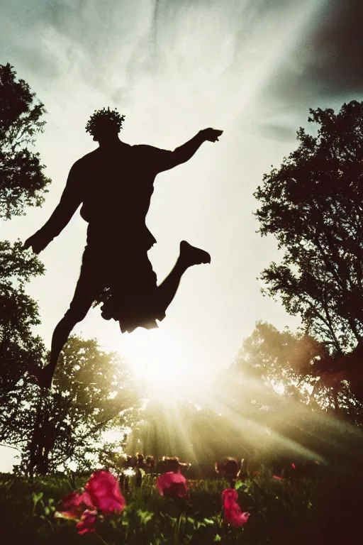 Image similar to agfa vista 4 0 0 photograph of a guy flying through the clouds, flower crown, lens flare, back view, moody lighting, moody vibe, telephoto, 9 0 s vibe, grain, vintage, tranquil, calm, faded