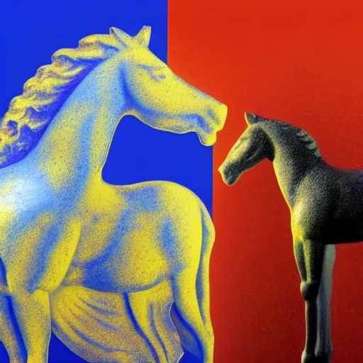 Prompt: horse statue , background from blue to red to yellow