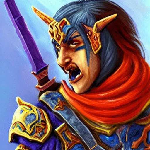 Image similar to a warrior from world of warcraft eating a crayon