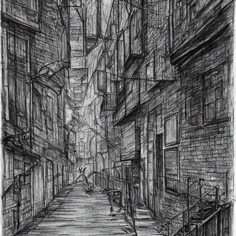 Prompt: a drawing in the style of stephen gammell of a alley way with a horde of rats and cockroaches coming out