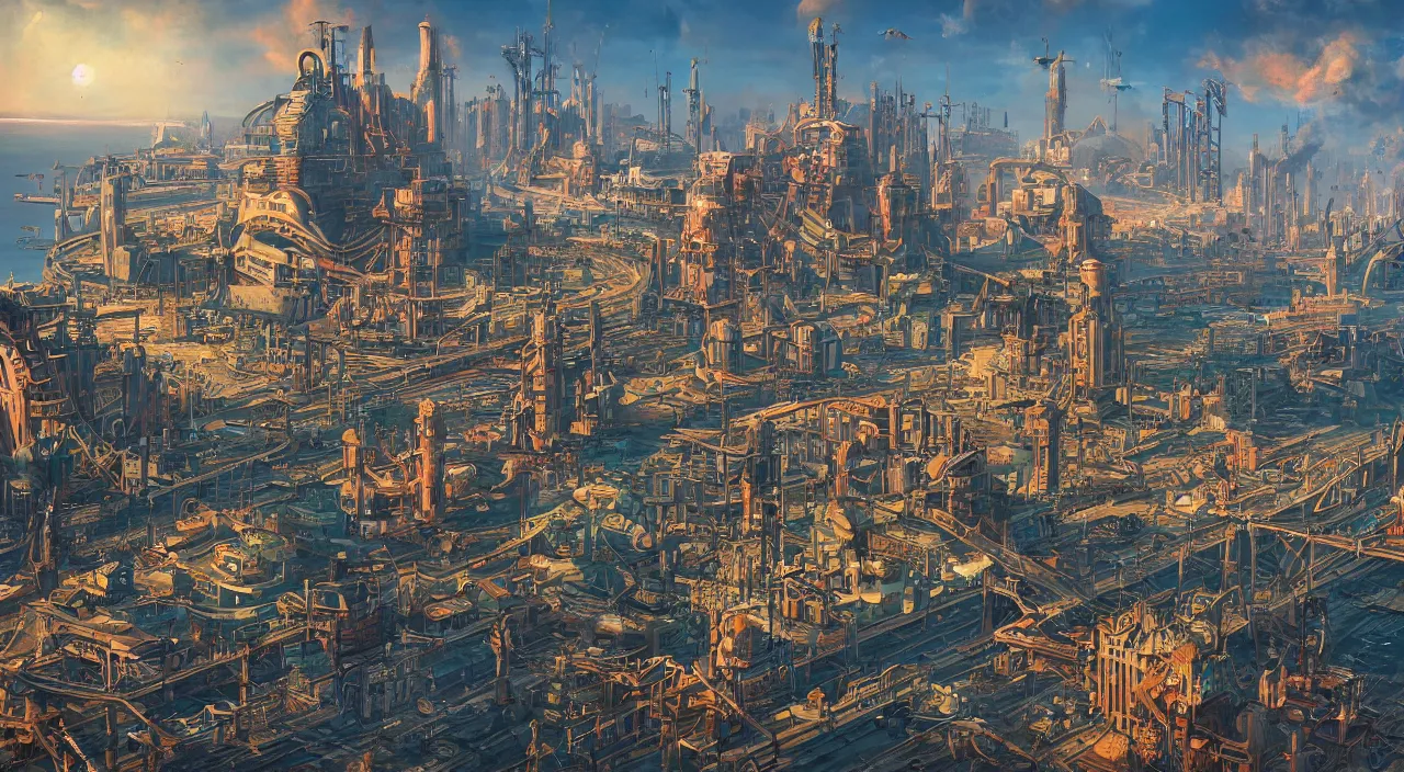 Prompt: a Stunning 3d painting of A Great atompunk city on the sea by Annibale Siconolfi,Retro colour,hyper detail,8K Resolution