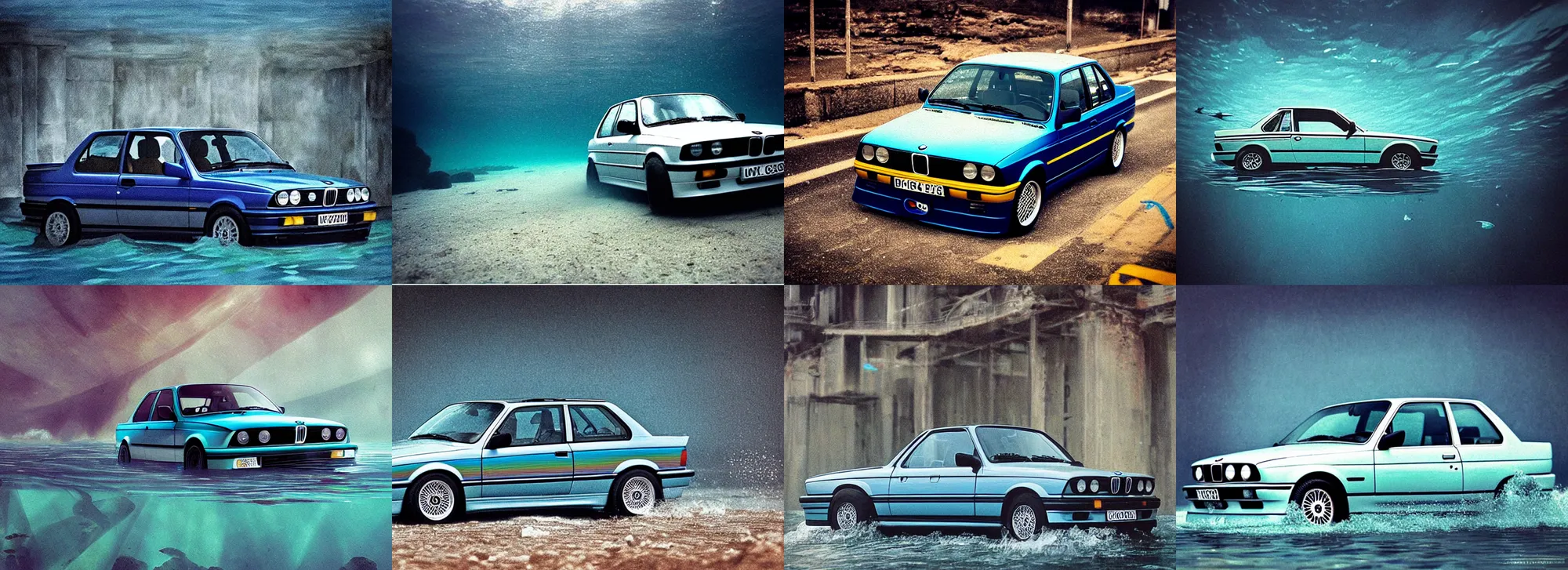 Prompt: “BMW e30 driving through an underwater city, photo taken from a long shot, matter painting, iridescent small fish” H 896