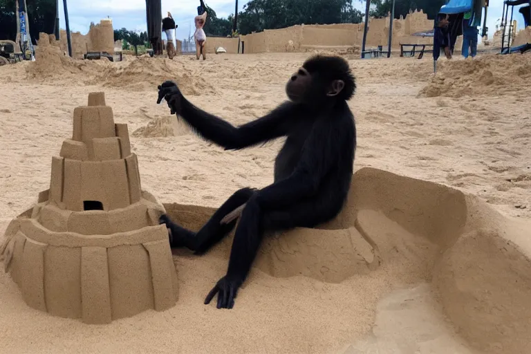 Image similar to a monkey touching a completed sand castle