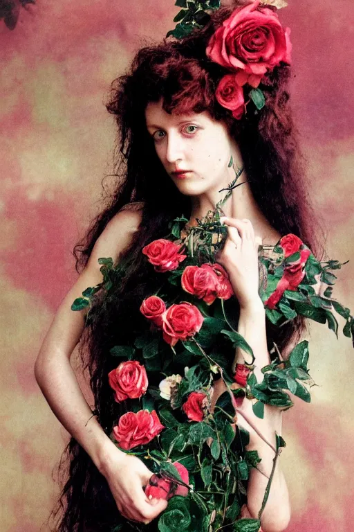 Image similar to pre-raphaelite heavy metal girl with dark hair and roses in the background, blurred detail, photo by Annie Leibovitz, 80's