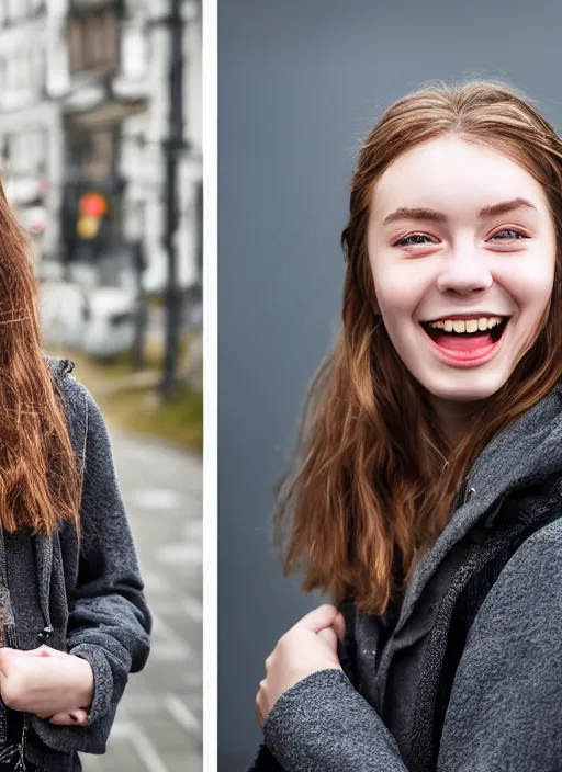 Image similar to Mid-shot portrait of a beautiful 20-year-old woman from Iceland, wide smile, happy, candid street portrait in the style of Martin Schoeller award winning, Sony a7R