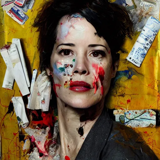 Image similar to hyperrealistic, photorealistic, mixed media oil painting of parker posey, magazine scraps, plaster, blood, oil, mustard, cigarettes, splatter, trending on artstation, award - winning painting, greg rutkowski, basquiat, ralph steadman, terry gilliam