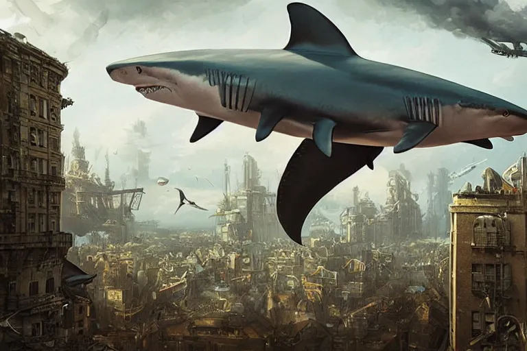 Prompt: a SHARK blimp, steampunk, digital art, extremely detailed, flying over a city, greg rutkowski, cinematic