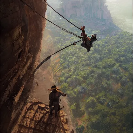 Prompt: looking down onto indiana jones hanging off a cliff by one hand by Greg Rutkowski by James Gurney