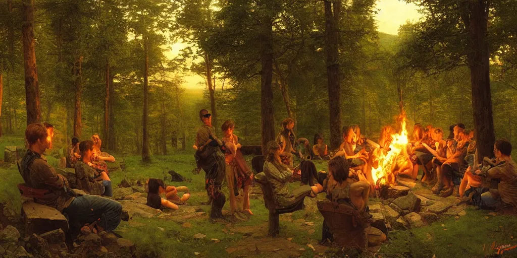 Image similar to lourmarin, dense forest, dusk, sunset, campfire, horizontal symmetry inception good composition artstation illustration sharp focus, vista painted by ruan jia raymond swanland lawrence alma tadema zdzislaw beksinski norman rockwell tom lovell alex malveda greg staples