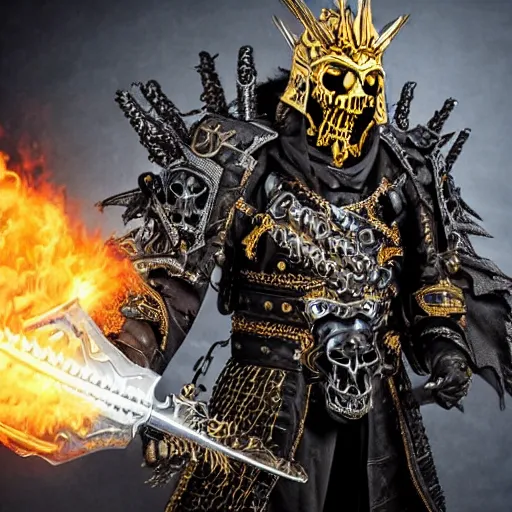 Image similar to lich king wearing black and gold armor with skulls and chains, holding a two handed sword with golden handle, wearing spiky helmet with mask