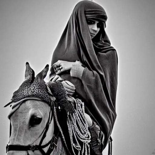 Prompt: beautiful burqa's woman, ride horse in saharan, dress like taliban, sharp eyes, white skin, beautiful tatted hands, riffle on chest, dust, cinematic, dynamic pose, pinterest