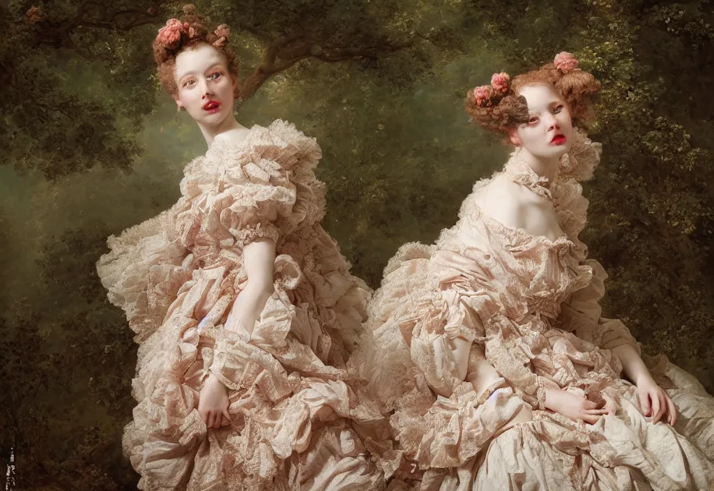 Image similar to fashion editorial portrait by Jean-Honoré Fragonard. outdoor. highly detailed. 8k. depth of field. photography