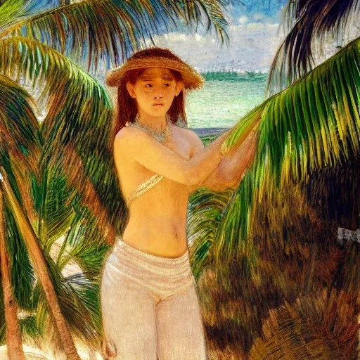 Prompt: a ultradetailed beautiful painting of a girl in the amazonas palace designed by jules bastien - lepage, hans belmer, frank weston and gustave baumann, beach, trending on artstation, mediterranean, palm trees, light sparkles, sharp focus, soft light, 8 k 4 k