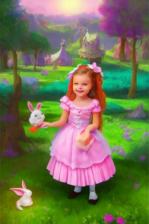 Image similar to matte sharp painting cute little girl dressed as alice and cute rabbit landscape painted by mark rydel and lisa frank, artstation behance storybook