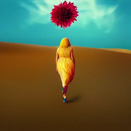 Image similar to closeup giant dahlia flower into head, girl walking between dunes, surreal photography, sunrise, blue sky, dramatic light, impressionist painting, digital painting, artstation, simon stalenhag