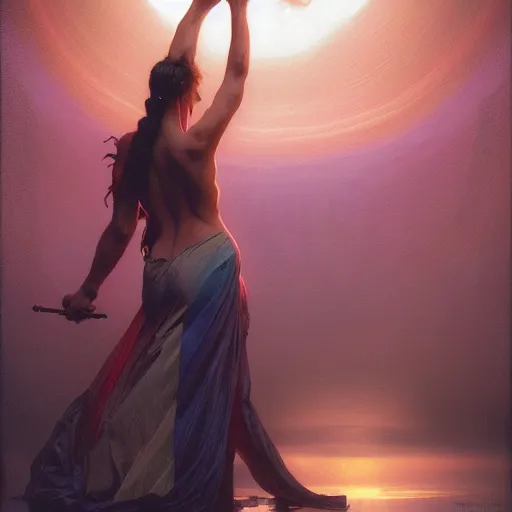 Image similar to concept art painting of a beautiful figure called the moonbow queen, a rainbow in the dark, colorful, by Michael Whelan, William Adolphe Bouguereau, and Donato Giancola, highly rendered, beautiful, cyberpunk, artstation, extremely moody lighting, glowing light and shadow, atmospheric, shadowy, cinematic, 8K