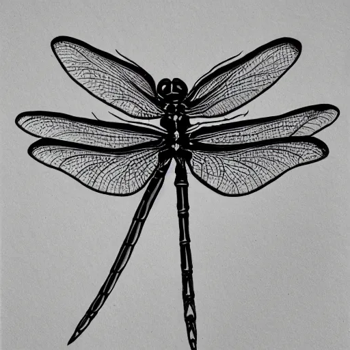 Prompt: dragonfly, black and white, botanical illustration, black ink on white paper, bold lines