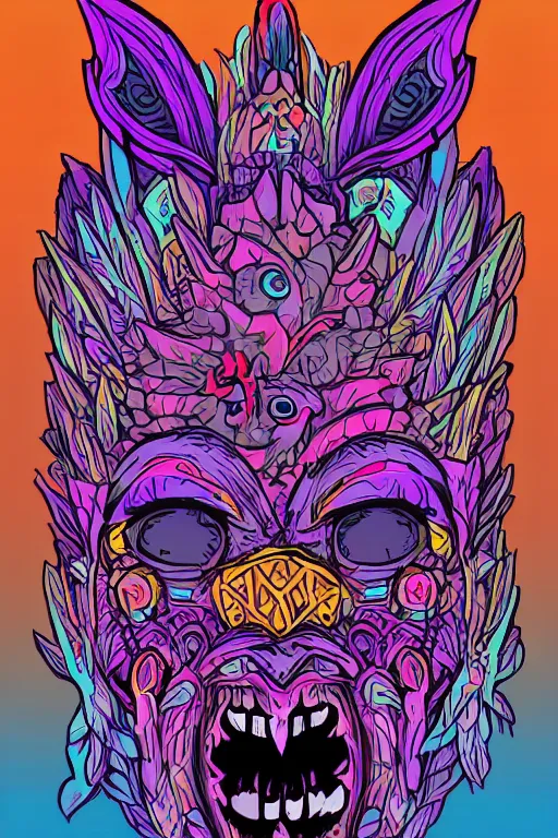 Image similar to animal mask totem roots flower tribal feather gemstone plant wood rock shaman vodoo video game vector cutout illustration vivid multicolor borderlands comics by josan gonzales and dan mumford radiating a glowing aura