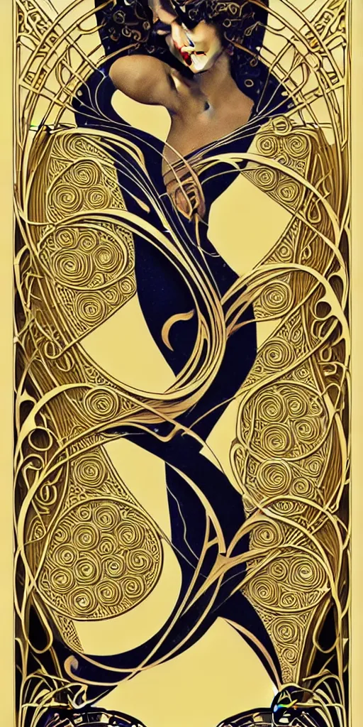 Image similar to the source of future growth dramatic, elaborate emotive Art Nouveau styles to emphasise beauty as a transcendental, seamless pattern, symmetrical, large motifs, 8k image, supersharp, metallic reflective surfaces, glittery iridescent and black colors with gold accents, perfect symmetry, Art nouveau curves and swirls, iridescent, pearlescent, High Definition, sci-fi, Octane render in Maya and Houdini, light, shadows, reflections, photorealistic, masterpiece, smooth gradients, high contrast, 3D, no blur, sharp focus, photorealistic, insanely detailed and intricate, cinematic lighting, Octane render, epic scene, 8K