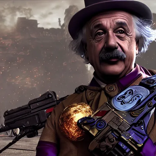 Prompt: albert einstein as willy wonka in gears of war, splash art, movie still, cinematic lighting, dramatic, octane render, long lens, shallow depth of field, bokeh, anamorphic lens flare, 8 k, hyper detailed, 3 5 mm film grain