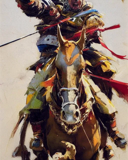 Image similar to close - up portrait of colorful rider pointing jousting lance at camera, caparisons, galloping, chainmail, by greg manchess, bernie fuchs, ruan jia, walter everett