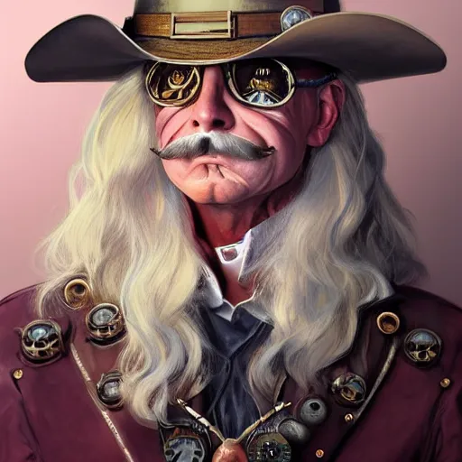 Prompt: 6 0 - year - old charles elmer rip taylor jr as a cyborg, blonde wig, handlebar moustache, portrait, western, steampunk, pink duster, fantasy, intricate, elegant, highly detailed, digital painting, artstation, concept art, sharp focus, illustration, art by artgerm and greg rutkowski and alphonse mucha