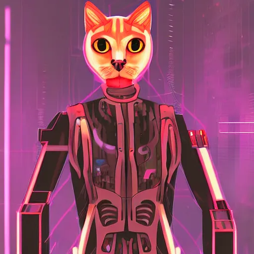 Prompt: digital art of a cyberpunk humanoid cat