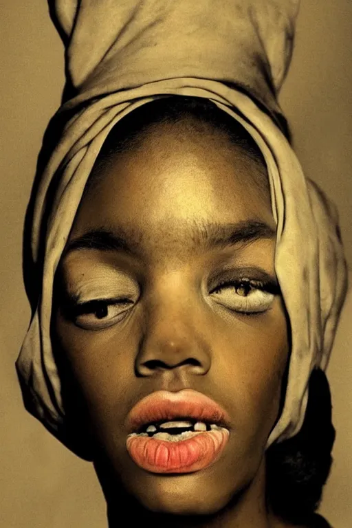 Image similar to hyperrealism close-up fashion black woman portrait by Roversi photo from The Holy Mountain by Alejandro Jodorowsky in style of Francisco Goya