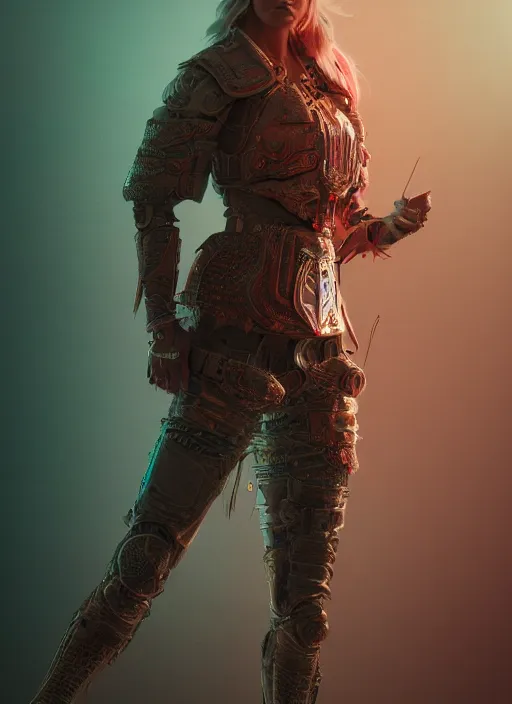 Image similar to detailed full body concept colorful pastel painting of a female road warrior in intricate clothing, cinematic lighting, hyperdetailed, 8k, high resolution, insanely detailed and intricate, octane render