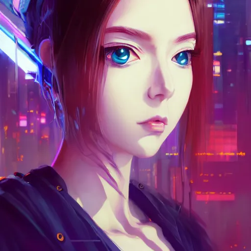 Image similar to A potrait of a cyberpunk cyborg girl with big and cute eyes, fine-face, realistic shaded perfect face, fine details. Night setting. Very anime style. Realistic shaded lighting poster by Ilya Kuvshinov katsuhiro, magali villeneuve, artgerm, Jeremy Lipkin and Michael Garmash, Rob Rey and Kentarõ Miura style, trending on art station