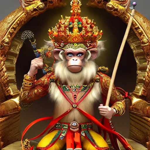 Image similar to monkey king godly lord of monkeys, wearing a crown, holding a staff, sitting in throne 8 k render high detail