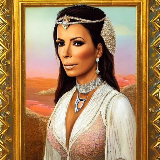 Image similar to a portrait of eva longoria as an arabian princess in a disney movie, crown!! oil painting, pale colors, high detail, 8 k, wide angle, trending on artstation,