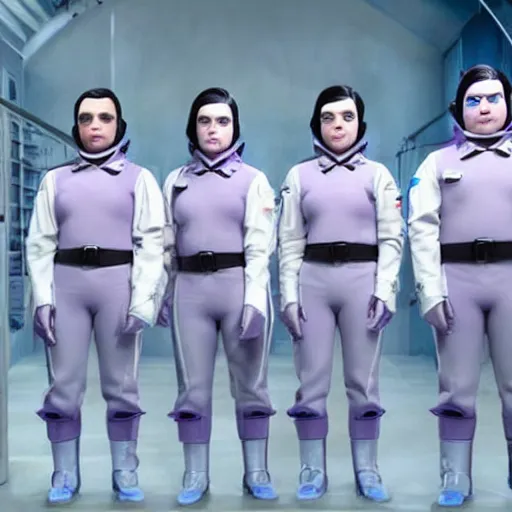 Image similar to troop jack black clones with white bob hairdos, tight light blue and lavender neopren suits, futuristic cloning facility, sci - fi, highly detailed, cinematic