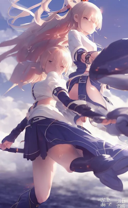 Prompt: highly detailed, character art, octane, stunning, realistic lightning, realistic ocean, characters from azur lane, matte, sharp focus, intricate, 150mm, illustration, artstation, art by akio watanabe and greg rutkowski, realistic anatomy, smooth, female sailor uniforms, explosions